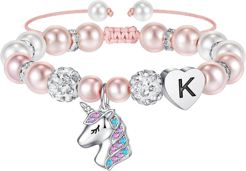 Hidepoo Valentines Gifts for Kids Girls - Unicorn Bracelets for Girls Kids, CZ Initial Unicorns Bracelet Adjustable Heart Initial Unicorn Bracelets Jewelry Birthday Gifts for Girl - Image 1